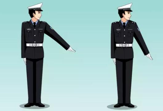 手势模拟 以左转弯待转信号为例: 手势解读 交警右臂向身体正